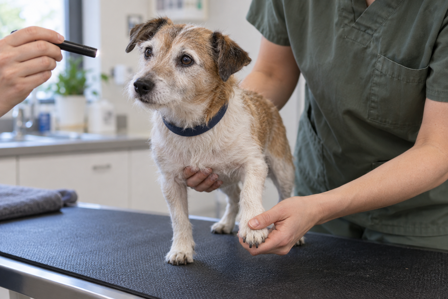 Veterinář kontroluje oči a postavení tlapky starého teriéra